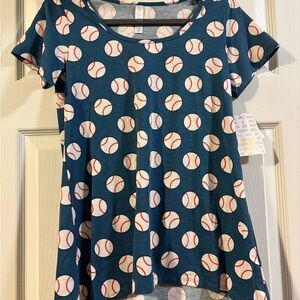 LuLaRoe Teal Baseball Pattern Short Sleeve Top